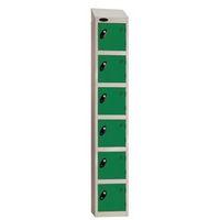 COLOUR DOOR LOCKER WITH SLOPING TOP 6 DOOR DEPTH 305MM SILVER BODY/GREEN DOOR