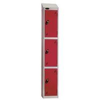 COLOUR DOOR LOCKER WITH SLOPING TOP 3 DOOR DEPTH 305MM SILVER BODY/RED DOOR