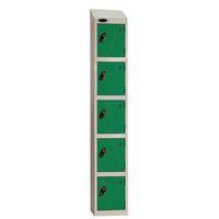 COLOUR DOOR LOCKER WITH SLOPING TOP 5 DOOR DEPTH 305MM SILVER BODY/GREEN DOOR