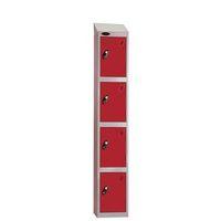 COLOUR DOOR LOCKER WITH SLOPING TOP 4 DOOR DEPTH 305MM SILVER BODY/RED DOOR