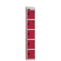 COLOUR DOOR LOCKER WITH SLOPING TOP 5 DOOR DEPTH 305MM SILVER BODY/RED DOOR