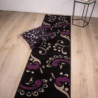 Contemporary Black & Purple Paisley Floral Runner Rugs 60x240cm