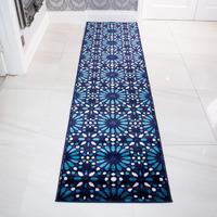 contemporary blue mosiac geometric hall runner rug tangier 63x240cm