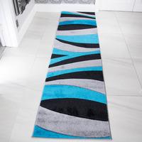 contemporary teal blue black wave living room rug rio 63x240cm