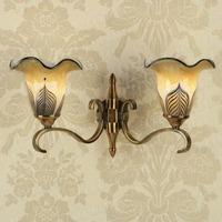 Columbia Double Wall Light in Brass with Amber Feather Art Glass