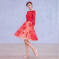 Cocktail Party Dress A-line Bateau Knee-length Satin / Tulle with Appliques / Sash / Ribbon