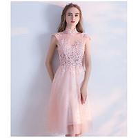 cocktail party dress a line high neck knee length tulle with beading