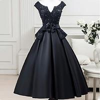 cocktail party dress little black dress a line notched tea length sati ...