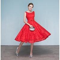 Cocktail Party Prom Dress - Lace-up A-line Scoop Tea-length Lace with Appliques Beading Bow(s) Lace