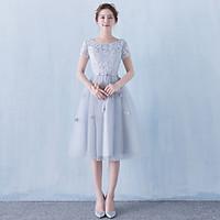 Cocktail Party Dress - Elegant A-line Scoop Tea-length Tulle with Flower(s)