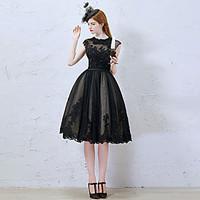 Cocktail Party Dress - Little Black Dress A-line Jewel Knee-length Lace / Tulle with Appliques / Beading / Lace / Sequins