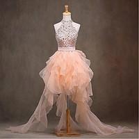 Cocktail Party Dress - Sparkle Shine Ball Gown High Neck Asymmetrical Organza with Beading Sash / Ribbon