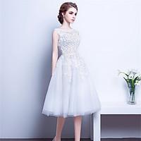 cocktail party dress a line scoop tea length lace satin with beading l ...