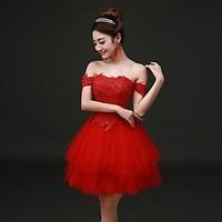 Cocktail Party Dress - Short A-line Off-the-shoulder Knee-length Lace Tulle with Lace