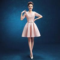 cocktail party dress a line jewel knee length satin with lace sash rib ...