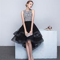 Cocktail Party Dress Ball Gown Jewel Asymmetrical Satin / Tulle with Beading / Bow(s) / Sash / Ribbon