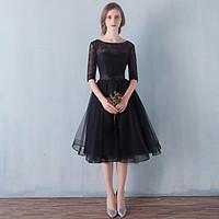 Cocktail Party / Prom Dress - Little Black Dress A-line Scoop Knee-length Tulle with Bow(s) / Lace