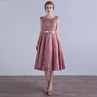 Cocktail Party Dress A-line Scoop Tea-length Lace with Bow(s)