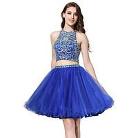 Cocktail Party Dress Ball Gown Halter Knee-length Tulle with Beading