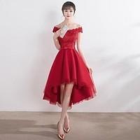 Cocktail Party Dress - Elegant A-line Off-the-shoulder Asymmetrical Lace Tulle with Bow(s)