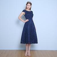 cocktail party dress a line jewel tea length lace satin tulle with bea ...