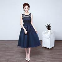 cocktail party prom dress see through a line scoop tea length lace tul ...