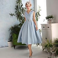 Cocktail Party Dress A-line V-neck Tea-length Satin / Taffeta / Polyester with Sash / Ribbon