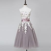 cocktail party dress ball gown strapless tea length lace satin tulle w ...