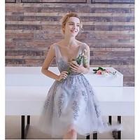 cocktail party dress a line v neck knee length lace tulle with appliqu ...