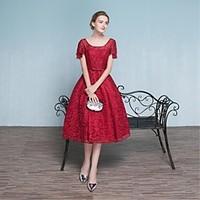 Cocktail Party Prom Dress - Lace-up A-line Scoop Tea-length Satin with Sash / Ribbon