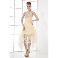 Cocktail Party Prom Dress - Sparkle Shine A-line One Shoulder Asymmetrical Organza with Beading Crystal Detailing Ruffles Pleats