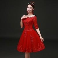 Cocktail Party Dress - Sexy A-line Bateau Knee-length Lace Satin with Lace