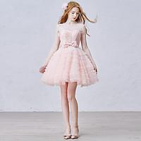 Cocktail Party Dress - Lace-up Ball Gown Jewel Short / Mini Tulle with Appliques Bow(s) Lace Ruffles