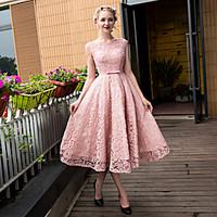 cocktail party dress a line scoop tea length lace tulle with beading b ...