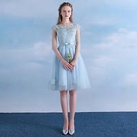 Cocktail Party Dress - Short A-line Scoop Knee-length Tulle with Appliques Sash / Ribbon