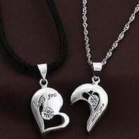 Couples\' Silver Heart Pendants Chains Necklace With Cubic Zirconia(2 pcs)