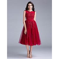 Cocktail Party Dress - Elegant A-line Scoop Tea-length Lace with Buttons Lace