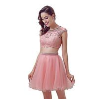Cocktail Party Dress Ball Gown Jewel Knee-length Tulle with Beading Lace