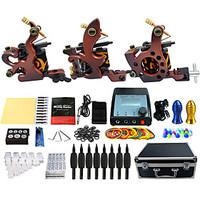 Complete Tattoo Kit 3 alloy machine liner shader 3 Tattoo Machines LCD power supply Inks Shipped Separately