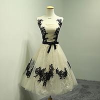 Cocktail Party Dress - Color Block A-line Square Tea-length Lace Tulle with Appliques Bow(s) Lace Sash / Ribbon