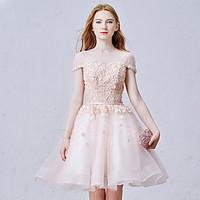 Cocktail Party Dress - Lace-up Ball Gown Jewel Short / Mini Organza with Beading Flower(s) Sash / Ribbon