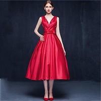 Cocktail Party Dress A-line V-neck Tea-length Matte Satin with Bow(s) / Sash / Ribbon