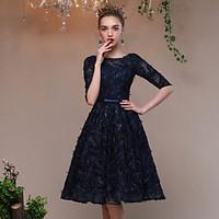 Cocktail Party Dress A-line Jewel Knee-length Lace Tulle with Bow(s) Lace Bandage