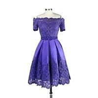 Cocktail Party Prom Dress - Short A-line Off-the-shoulder Knee-length Lace Satin with Lace