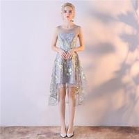 Cocktail Party Dress A-line Scoop Asymmetrical Organza with Embroidery