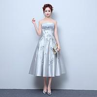 Cocktail Party Prom Dress A-line Strapless Tea-length Satin with Appliques Lace