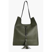 Colourblock Metal & Tassel Shopper Bag - khaki