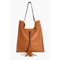 Colourblock Metal & Tassel Shopper Bag - tan