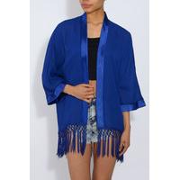 Cobalt Satin Trim Fringe Kimono