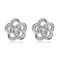 Concise Silver Plated Clear Crystal Hollow Flower Stud Earrings for Wedding Party Women Accessiories